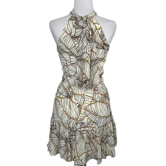 NICHOLAS Leaf Print Mini Dress in Cream and Brown - Picture 2 of 9